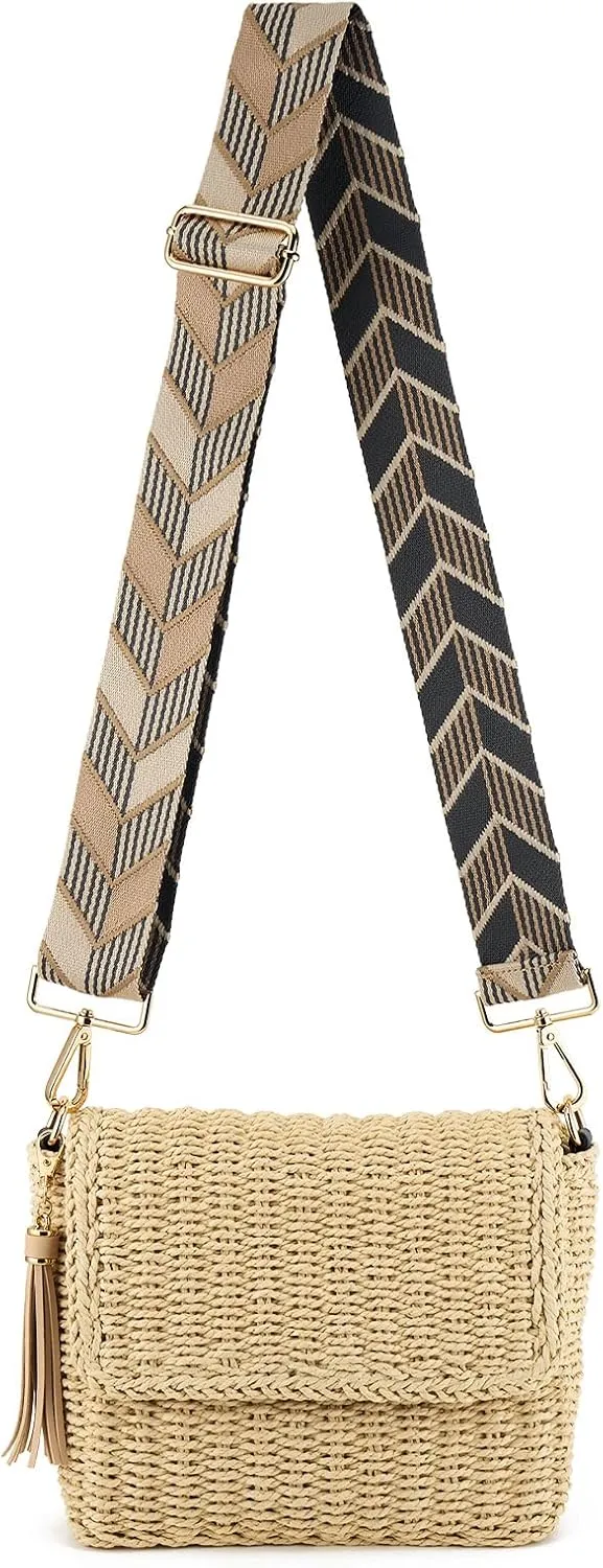 Women's Summer Straw Braided Crossbody Bag with Tassel Chain,Shoulder Straps Woven Beach Handbag Handmade Wallet Purse