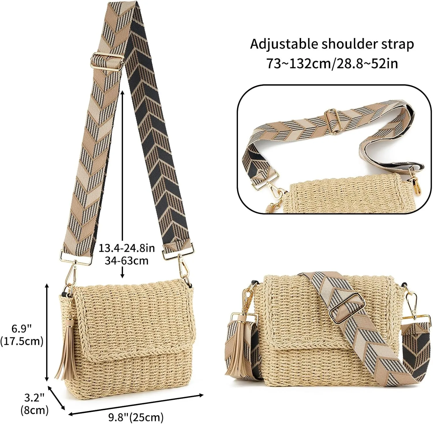 Women's Summer Straw Braided Crossbody Bag with Tassel Chain,Shoulder Straps Woven Beach Handbag Handmade Wallet Purse