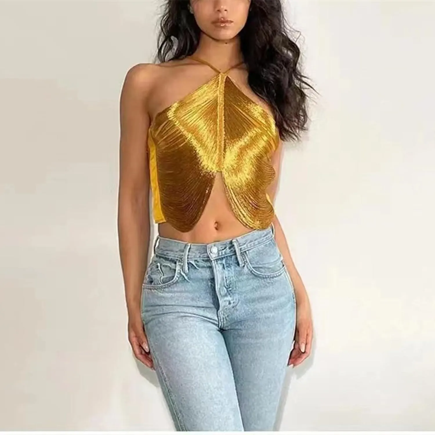 Women's Summer Tassel Tank Top Glitter Party Strappy Slim Fit Cami Sleeveless Shirts