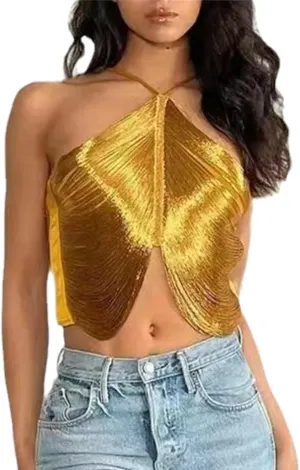 Women's Summer Tassel Tank Top Glitter Party Strappy Slim Fit Cami Sleeveless Shirts