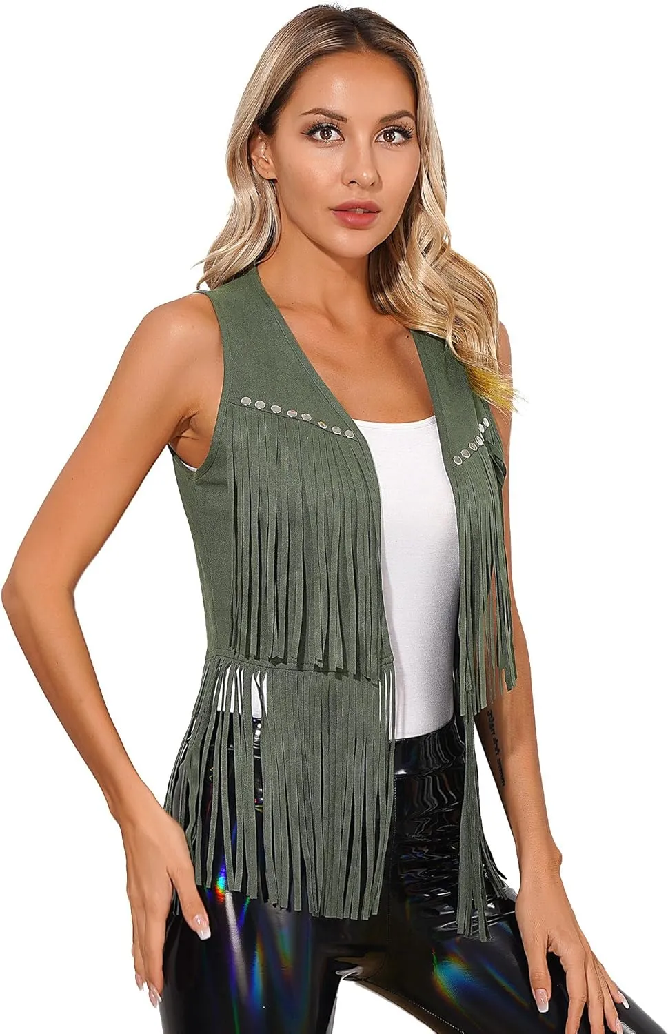 Women's Tassels Faux Suede Vest 70s Hippie Fringe Sleeveless Crop Jacket Coat Festival Cardigan Waistcoat