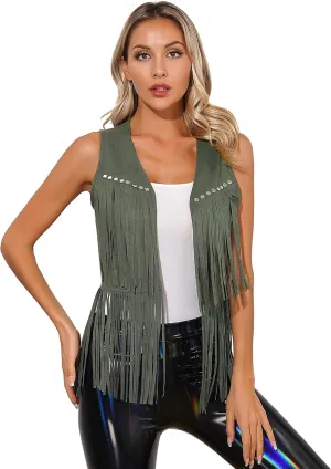 Women's Tassels Faux Suede Vest 70s Hippie Fringe Sleeveless Crop Jacket Coat Festival Cardigan Waistcoat
