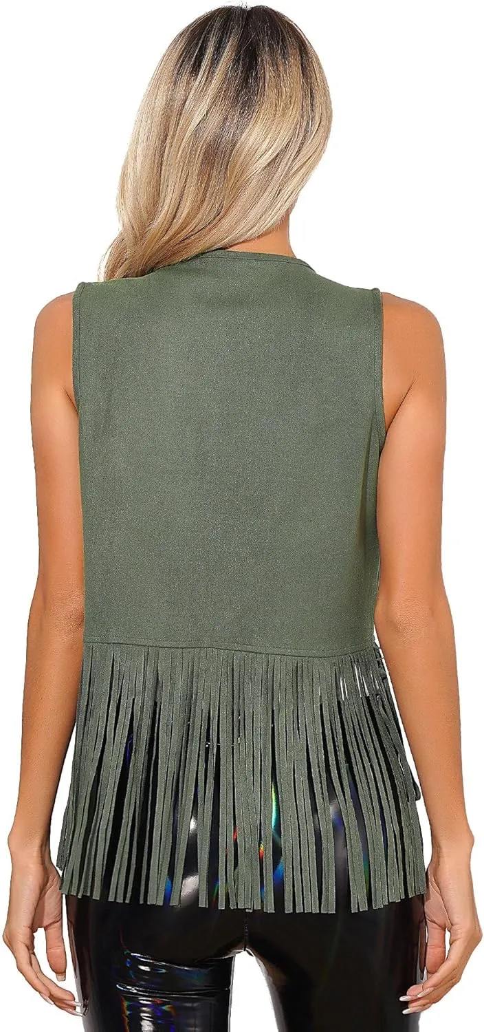 Women's Tassels Faux Suede Vest 70s Hippie Fringe Sleeveless Crop Jacket Coat Festival Cardigan Waistcoat