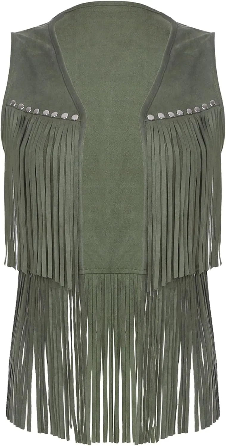 Women's Tassels Faux Suede Vest 70s Hippie Fringe Sleeveless Crop Jacket Coat Festival Cardigan Waistcoat
