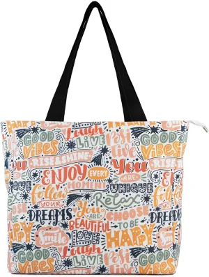 Women's Tote Bag with Zipper, Thick Canvas, Vibrant Print, Wide Strap - Reusable Shopping Bag for Work & Daily