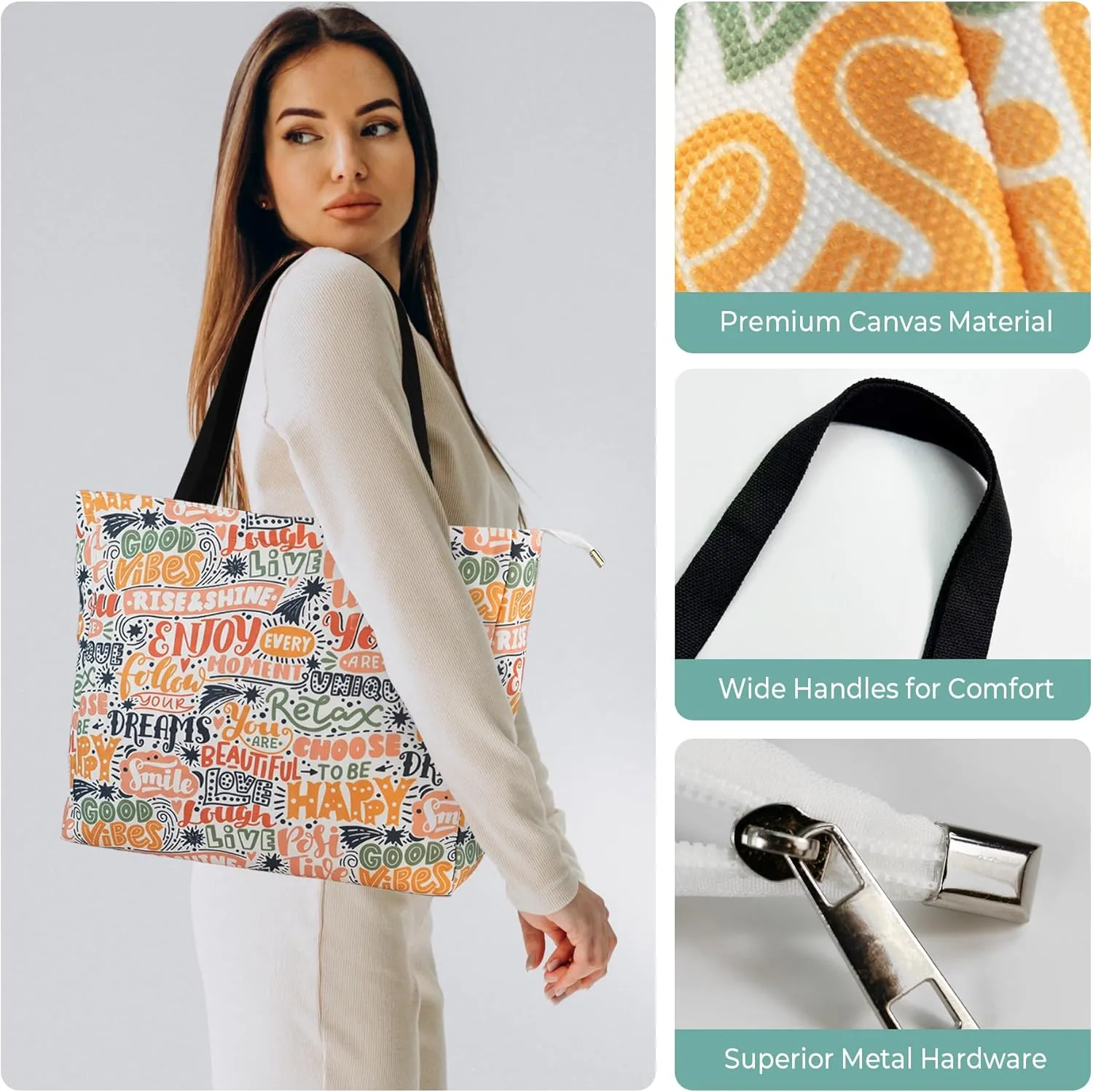Women's Tote Bag with Zipper, Thick Canvas, Vibrant Print, Wide Strap - Reusable Shopping Bag for Work & Daily