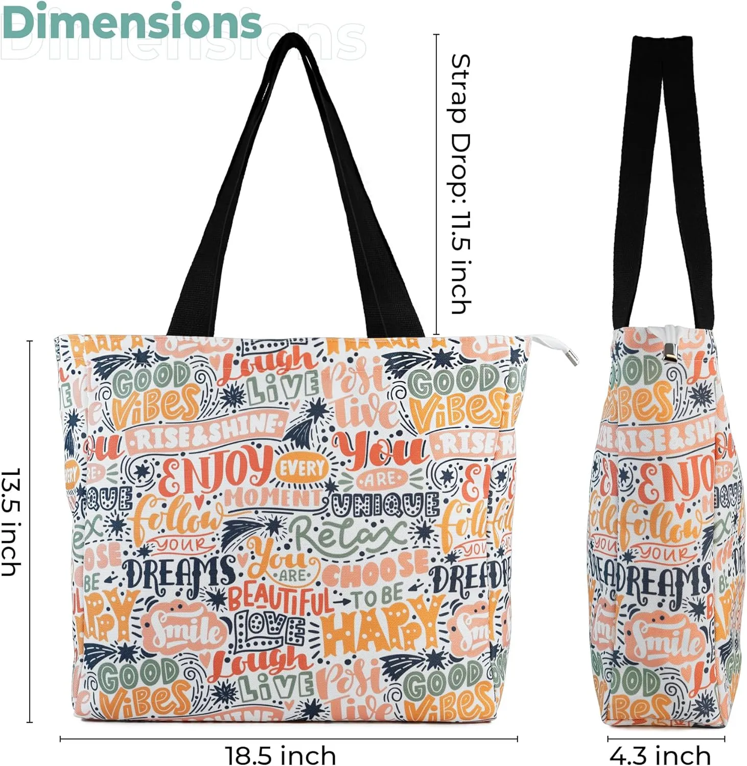 Women's Tote Bag with Zipper, Thick Canvas, Vibrant Print, Wide Strap - Reusable Shopping Bag for Work & Daily