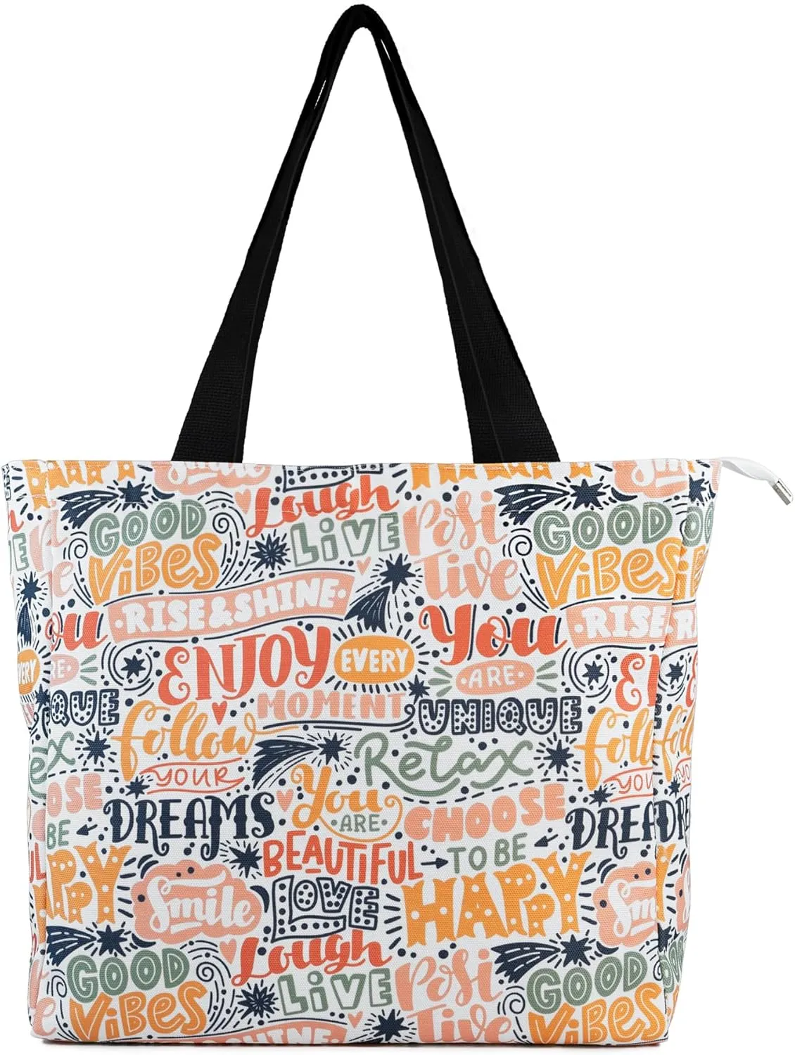 Women's Tote Bag with Zipper, Thick Canvas, Vibrant Print, Wide Strap - Reusable Shopping Bag for Work & Daily