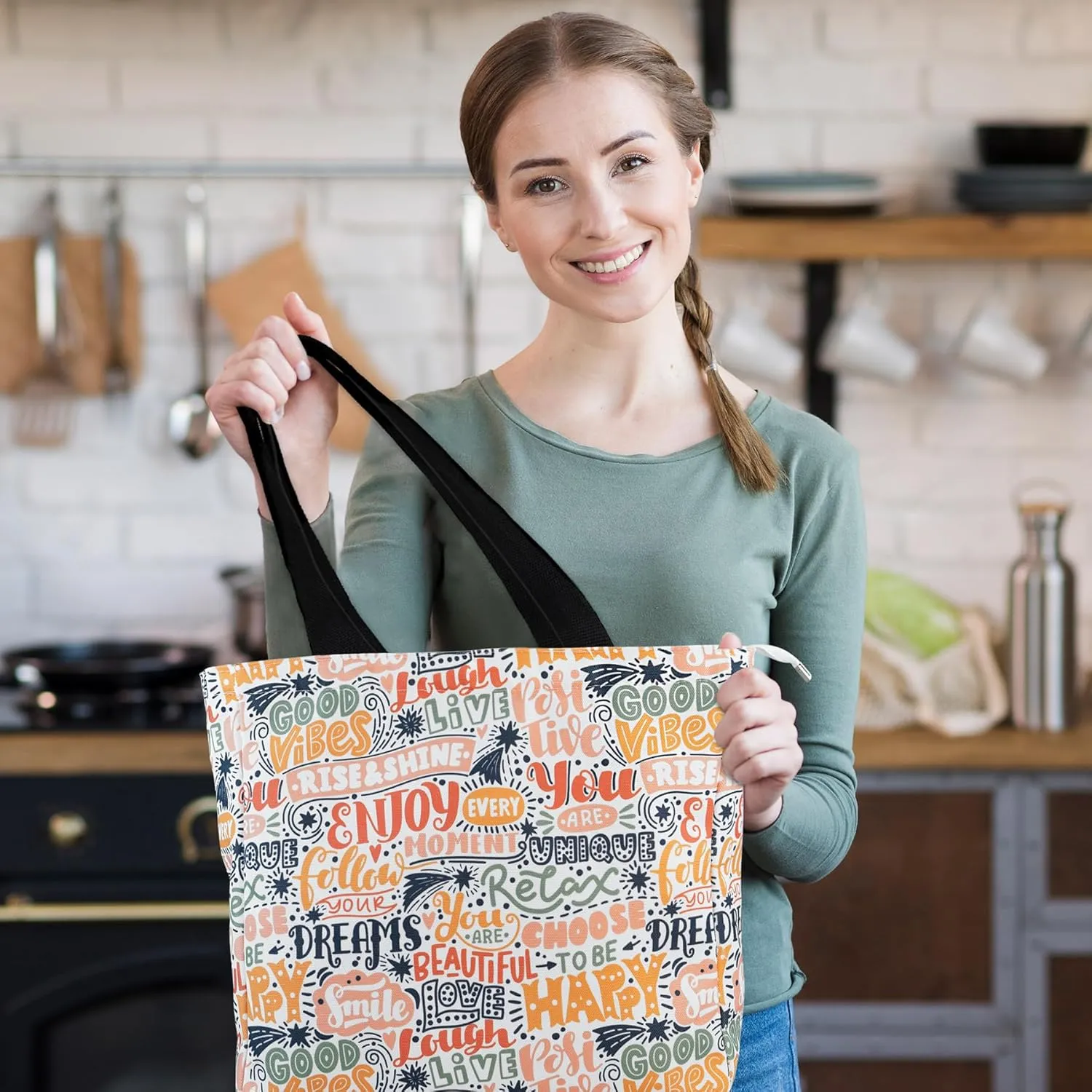 Women's Tote Bag with Zipper, Thick Canvas, Vibrant Print, Wide Strap - Reusable Shopping Bag for Work & Daily