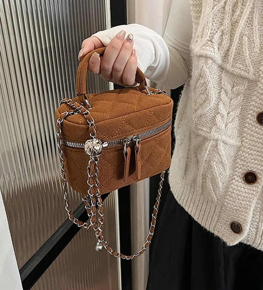 Women’s Trendy Quilted Crossbody Bag Suede Square Box Mini Chain Strap Shoulder Bag Top Handle Purse Cute Tote Handbag