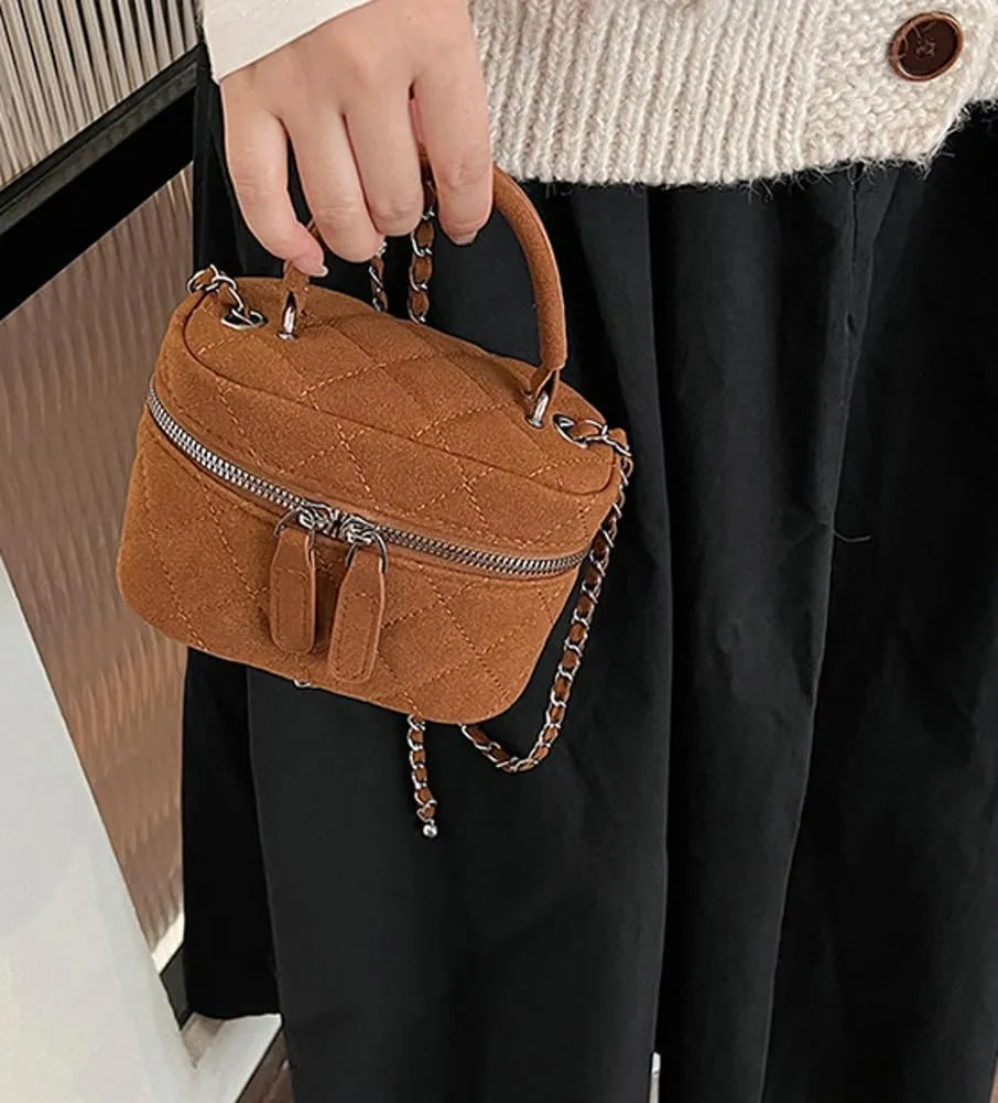 Women’s Trendy Quilted Crossbody Bag Suede Square Box Mini Chain Strap Shoulder Bag Top Handle Purse Cute Tote Handbag