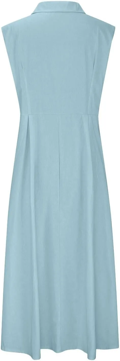 Womens V Neck Sleeveless Midi Dress Solid Color Button Down Pleated Summer Office Casual Stylish Dress
