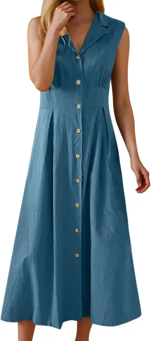 Womens V Neck Sleeveless Midi Dress Solid Color Button Down Pleated Summer Office Casual Stylish Dress