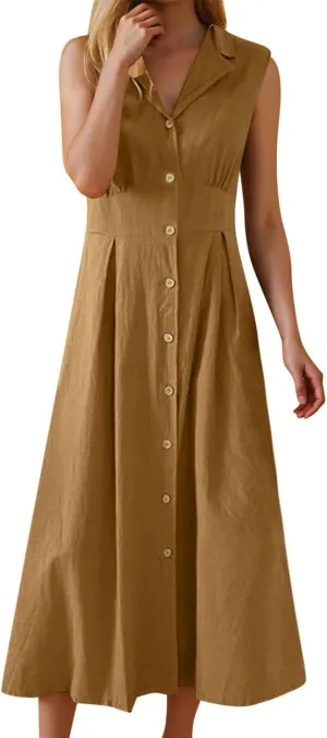 Womens V Neck Sleeveless Midi Dress Solid Color Button Down Pleated Summer Office Casual Stylish Dress
