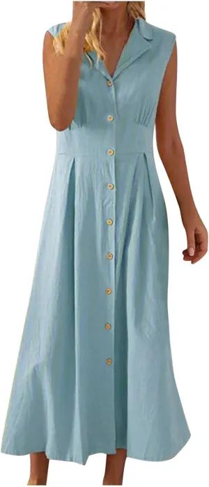 Womens V Neck Sleeveless Midi Dress Solid Color Button Down Pleated Summer Office Casual Stylish Dress