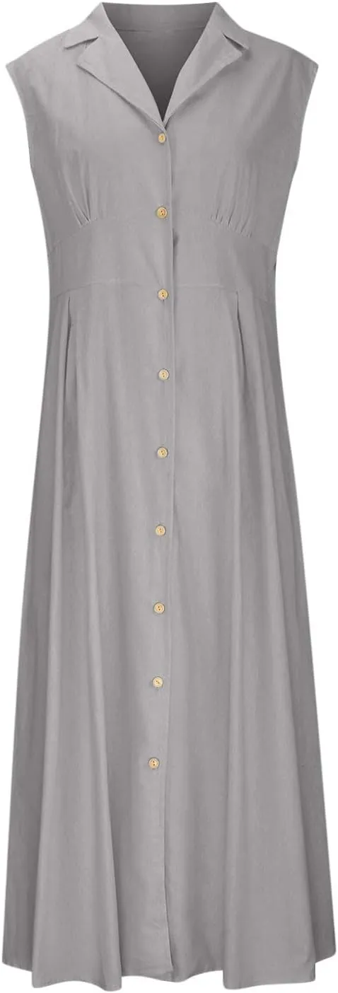 Womens V Neck Sleeveless Midi Dress Solid Color Button Down Pleated Summer Office Casual Stylish Dress