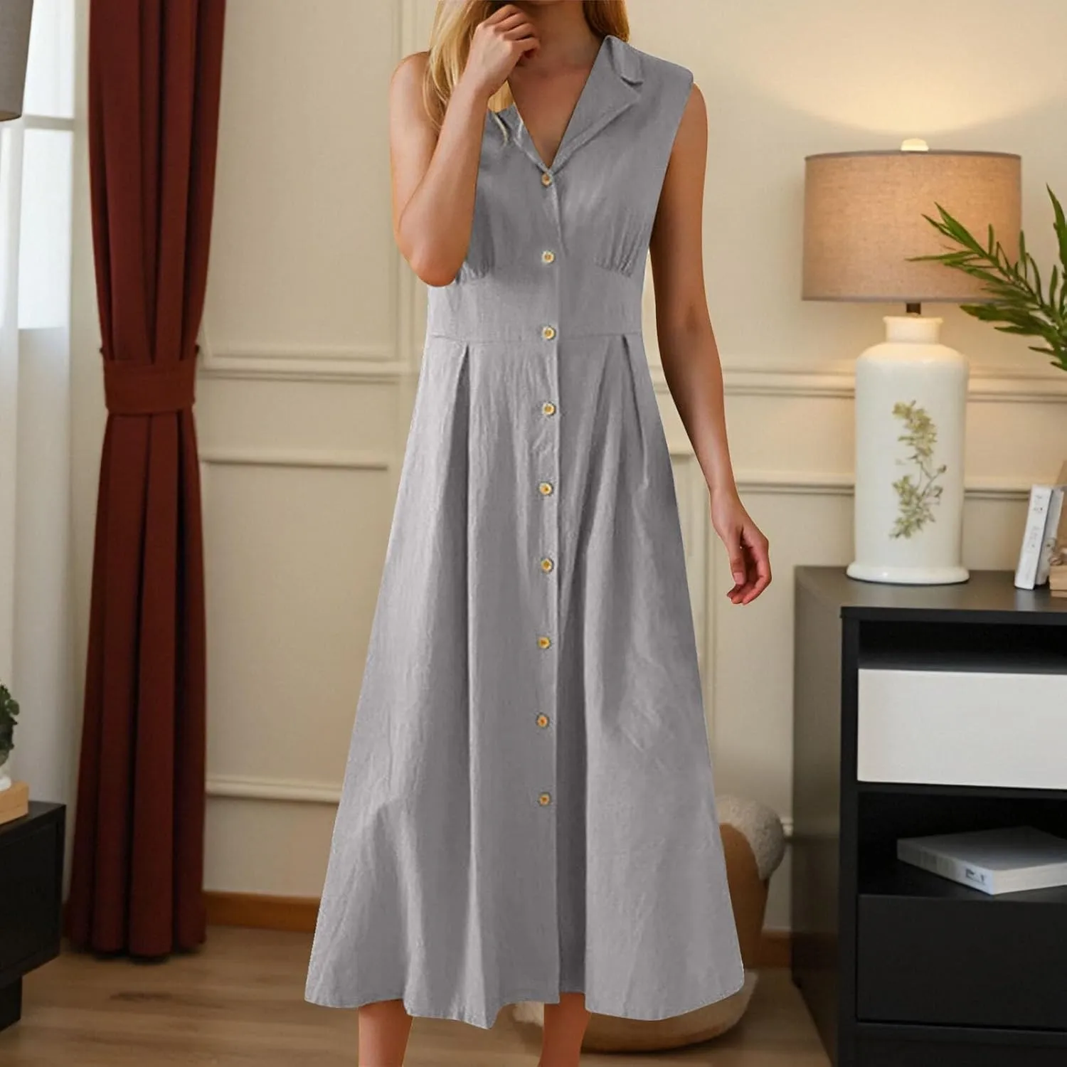 Womens V Neck Sleeveless Midi Dress Solid Color Button Down Pleated Summer Office Casual Stylish Dress