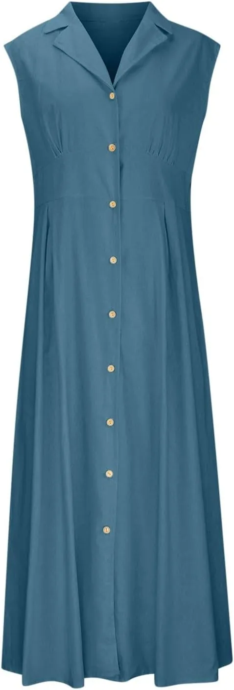 Womens V Neck Sleeveless Midi Dress Solid Color Button Down Pleated Summer Office Casual Stylish Dress