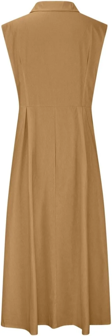 Womens V Neck Sleeveless Midi Dress Solid Color Button Down Pleated Summer Office Casual Stylish Dress
