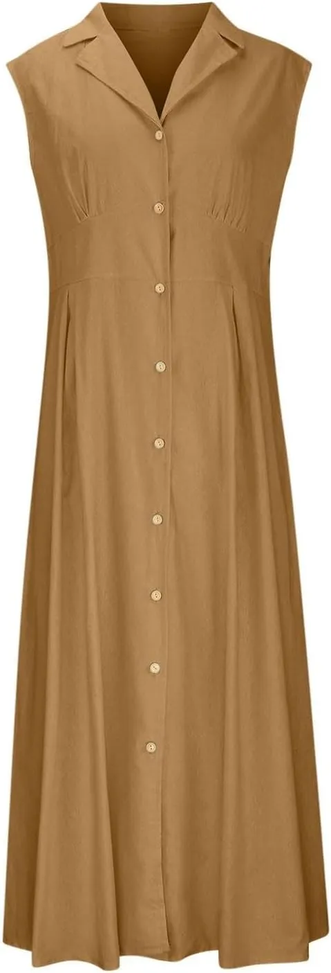 Womens V Neck Sleeveless Midi Dress Solid Color Button Down Pleated Summer Office Casual Stylish Dress