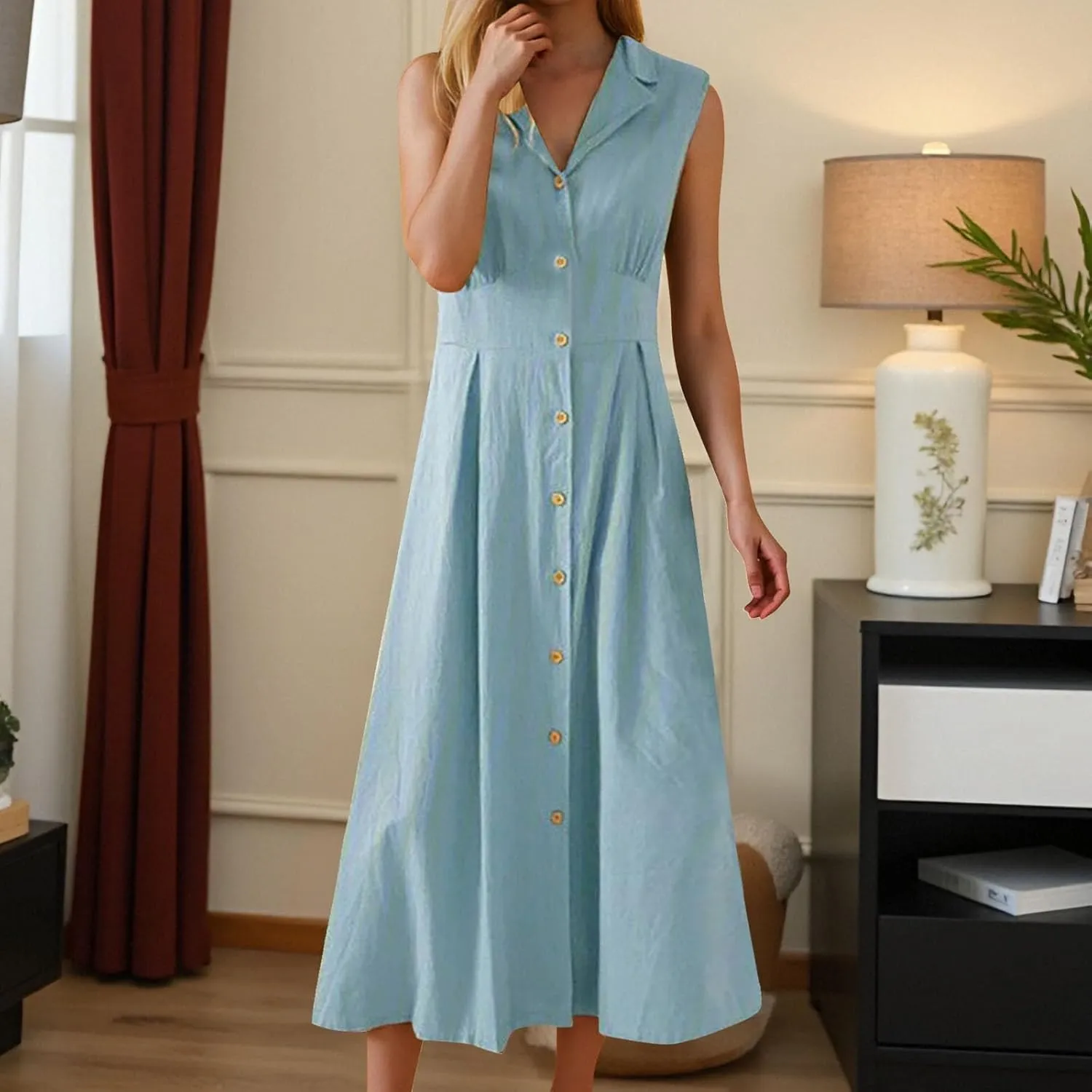 Womens V Neck Sleeveless Midi Dress Solid Color Button Down Pleated Summer Office Casual Stylish Dress