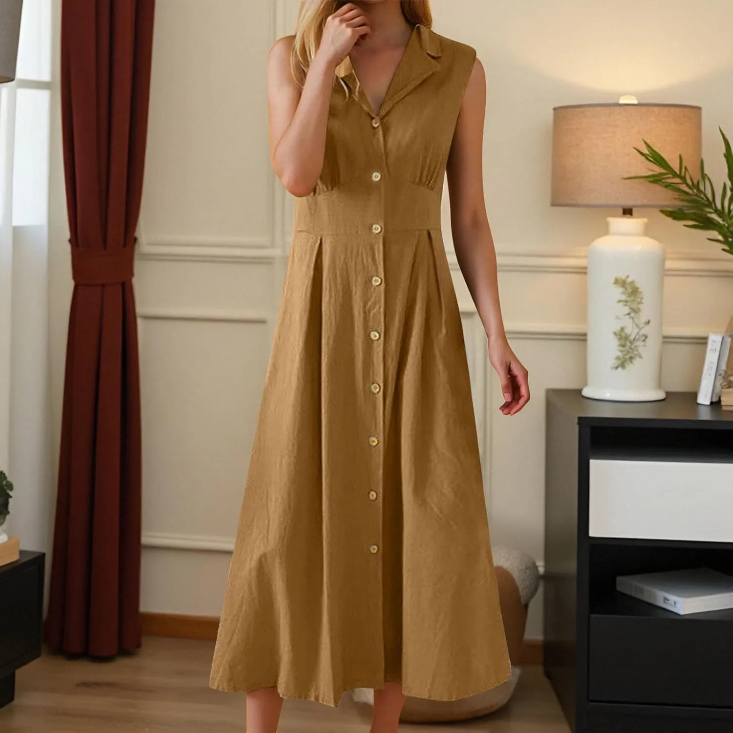 Womens V Neck Sleeveless Midi Dress Solid Color Button Down Pleated Summer Office Casual Stylish Dress