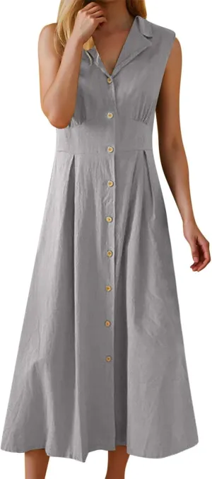 Womens V Neck Sleeveless Midi Dress Solid Color Button Down Pleated Summer Office Casual Stylish Dress