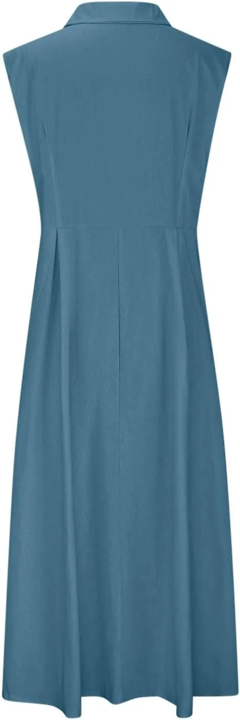 Womens V Neck Sleeveless Midi Dress Solid Color Button Down Pleated Summer Office Casual Stylish Dress