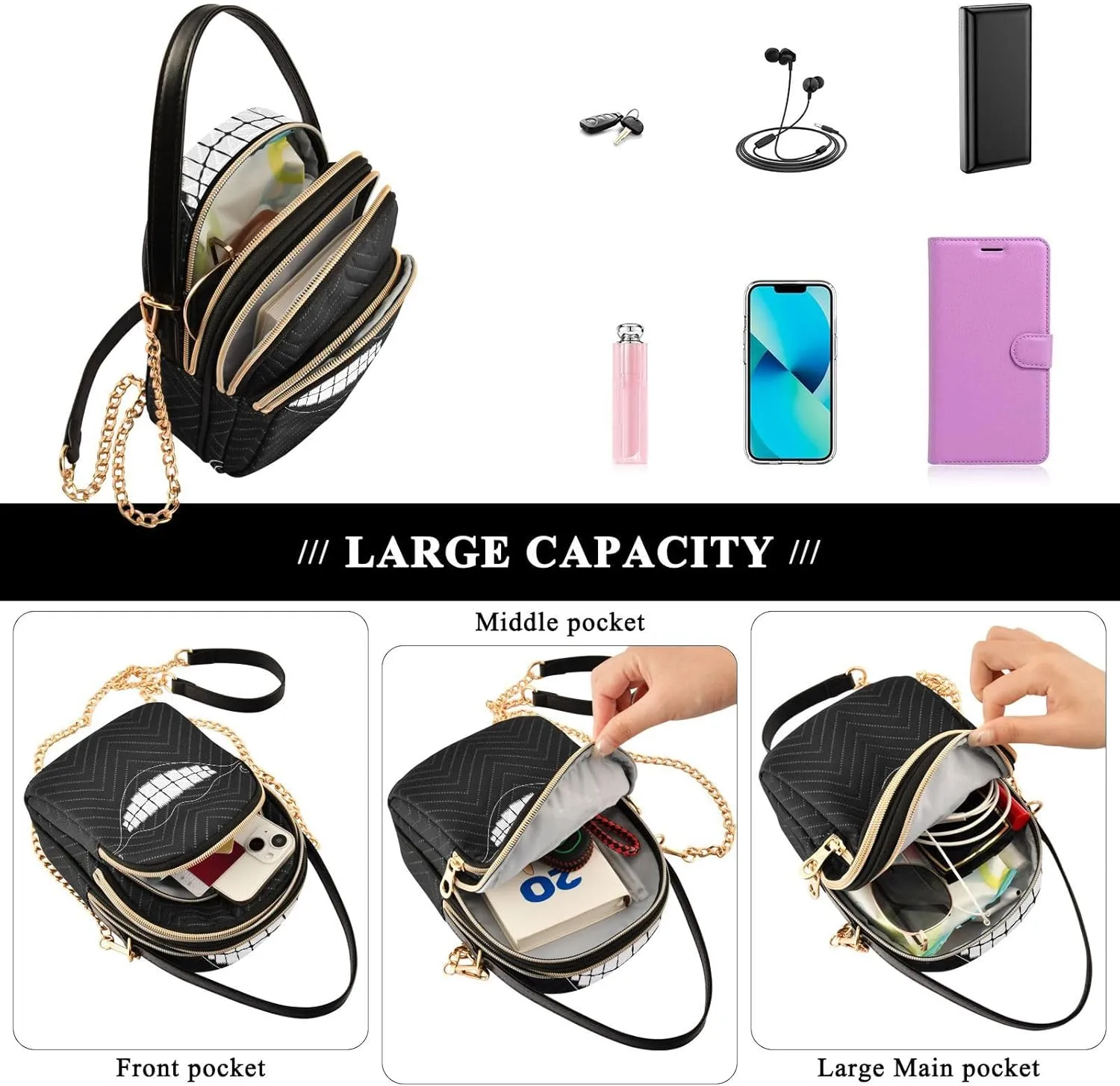 Women's Wave Cross Body Chest Bag, 52 inch Gold Chain Shoulder Handbag Purse