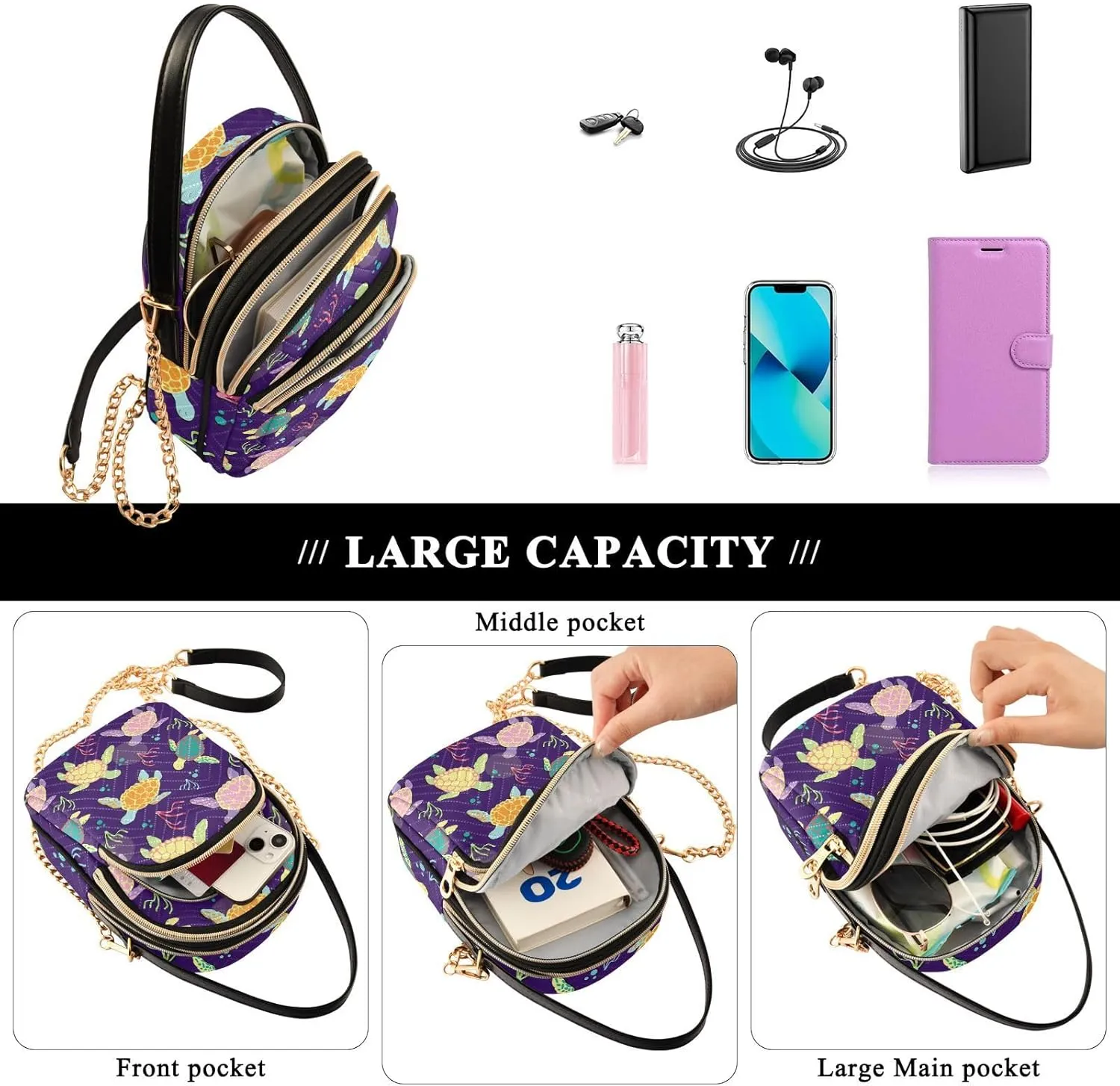 Women's Wave Cross Body Chest Bag, 52 inch Gold Chain Shoulder Handbag Purse