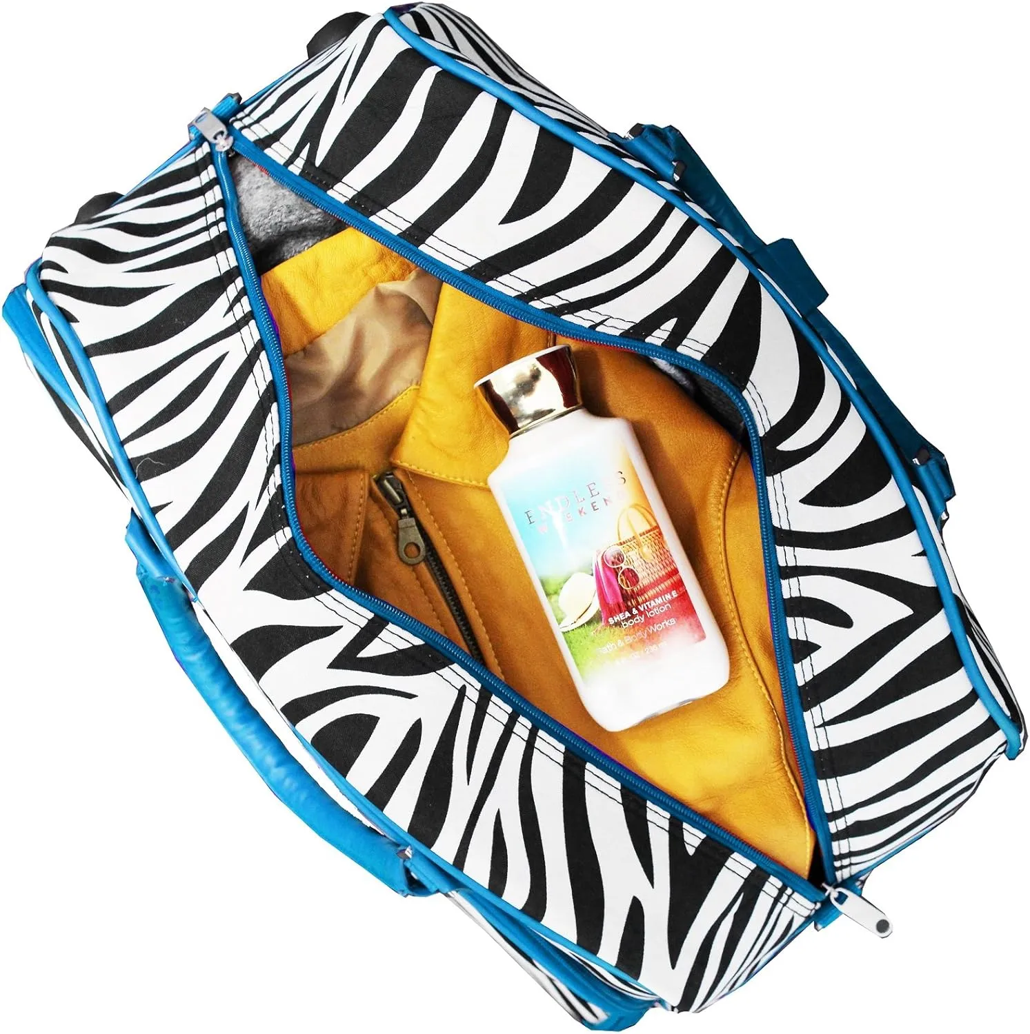 World Traveler 21-Inch Carry-On Rolling Duffel Bag, Blue Trim Zebra