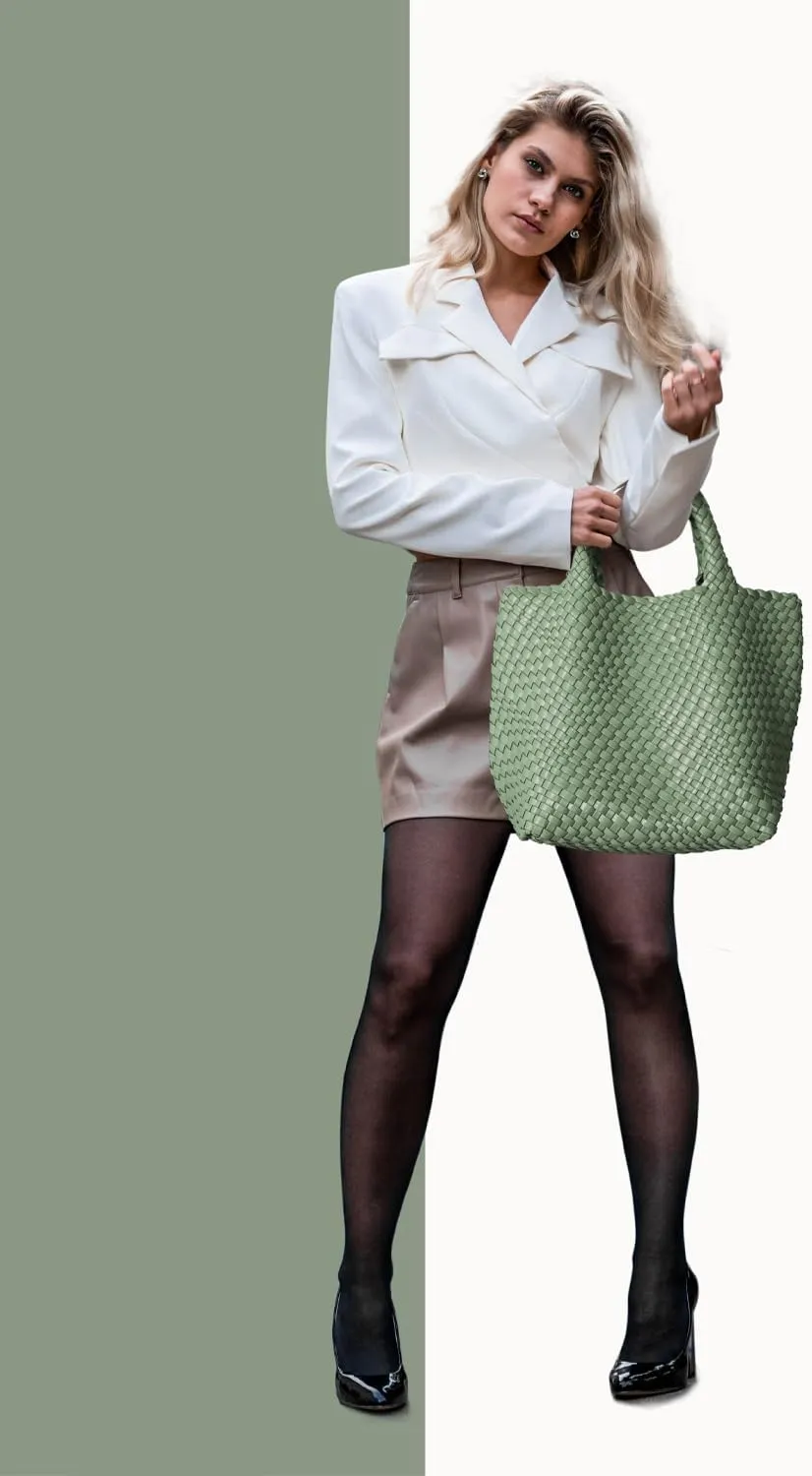 Woven Bag for Women, Soft Vegan Leather Tote Bag Large Summer Beach Travel Handbag Shoulder Bags with Purse