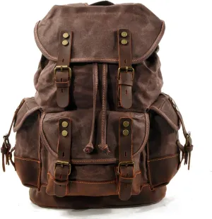 WUDON Men Travel Backpack, Genuine Leather-Waxed Canvas Shoulder Hiking Rucksack