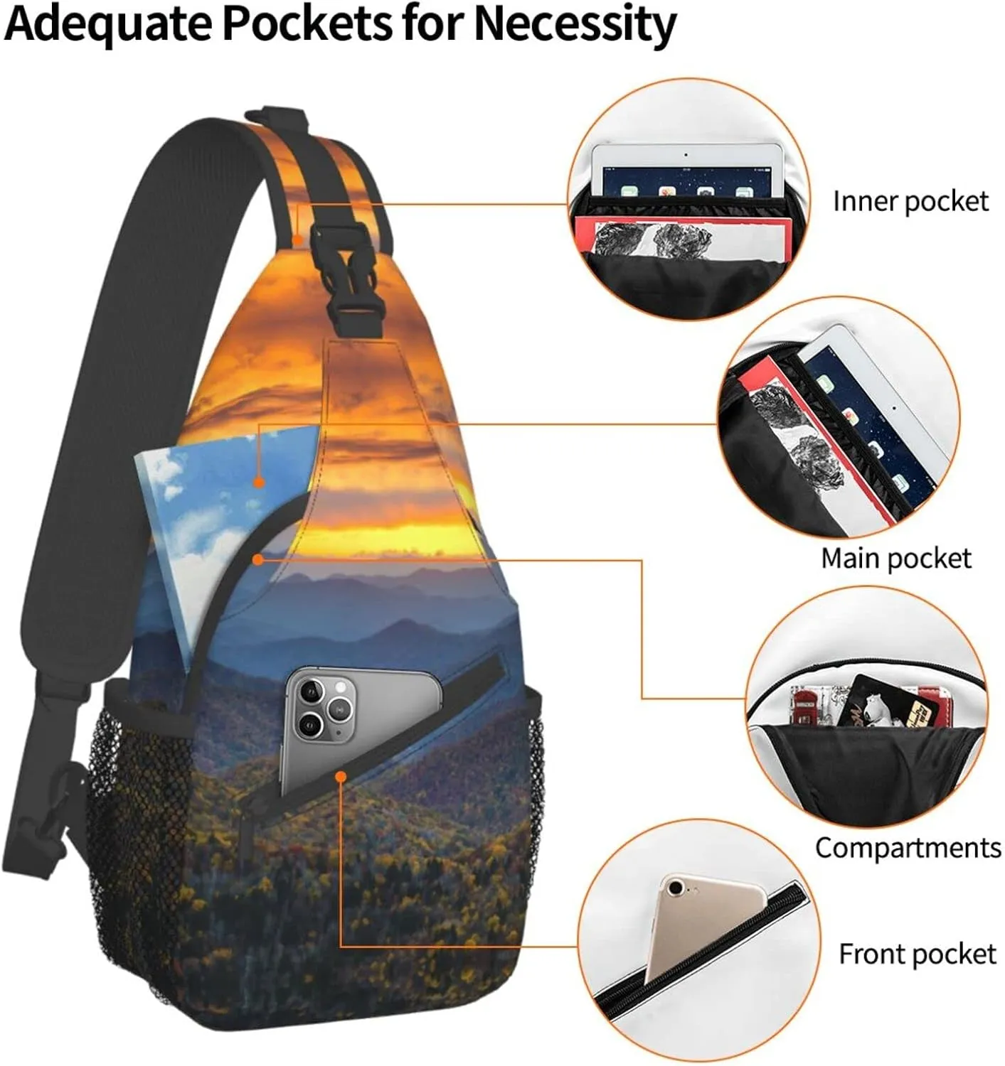 WURTON Blue Ridge Parkway Mountains Print Trendy Casual Daypack Versatile Crossbody Backpack Shoulder Bag Fashionable Chest Bag