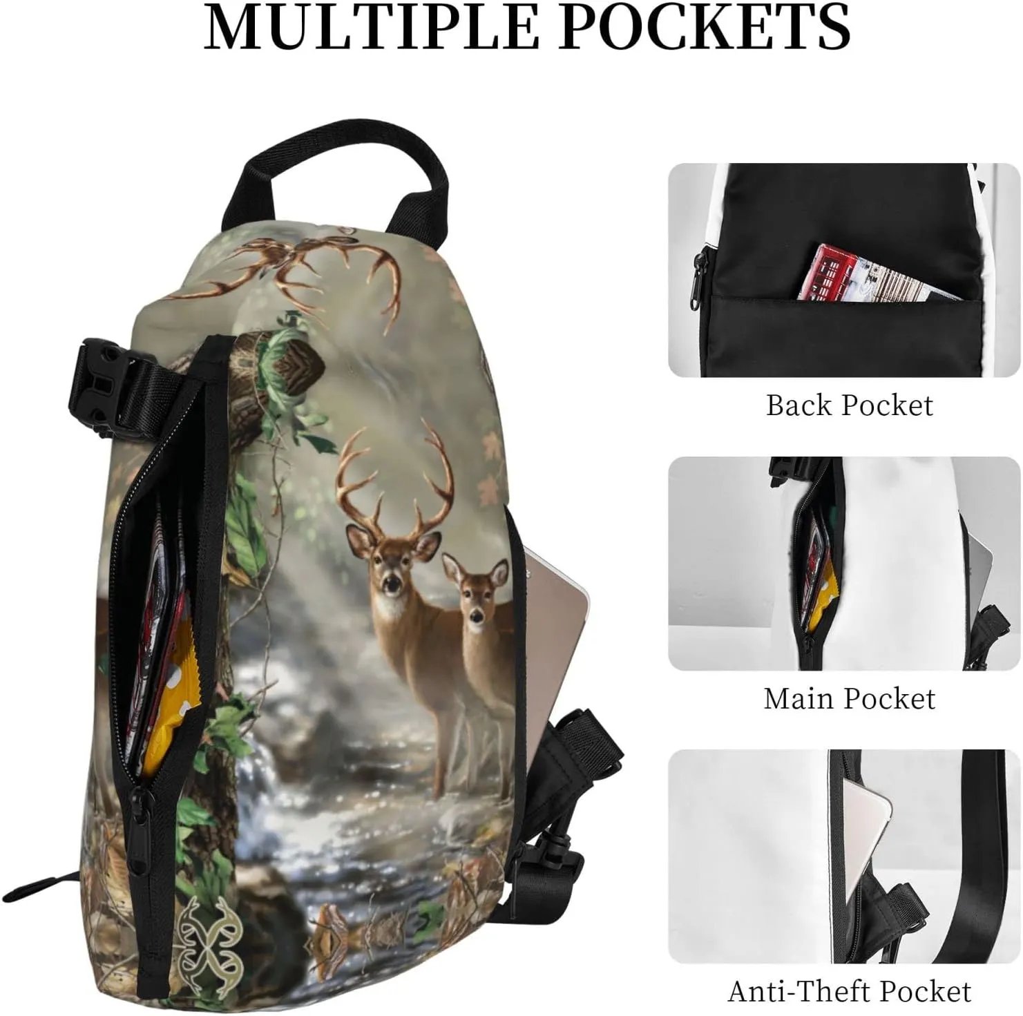 Wurton Camouflage Deer Print Travel Crossbody Backpack Bag,Lightweight Sling Bag For Travel Unisex