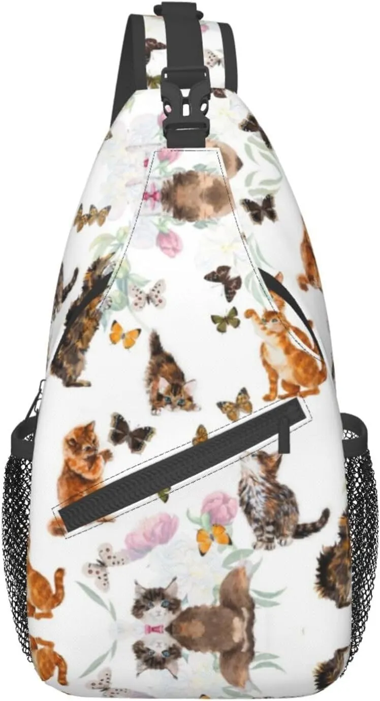WURTON Cat Butterfly Print Trendy Casual Daypack Versatile Crossbody Backpack Shoulder Bag Fashionable Chest Bag