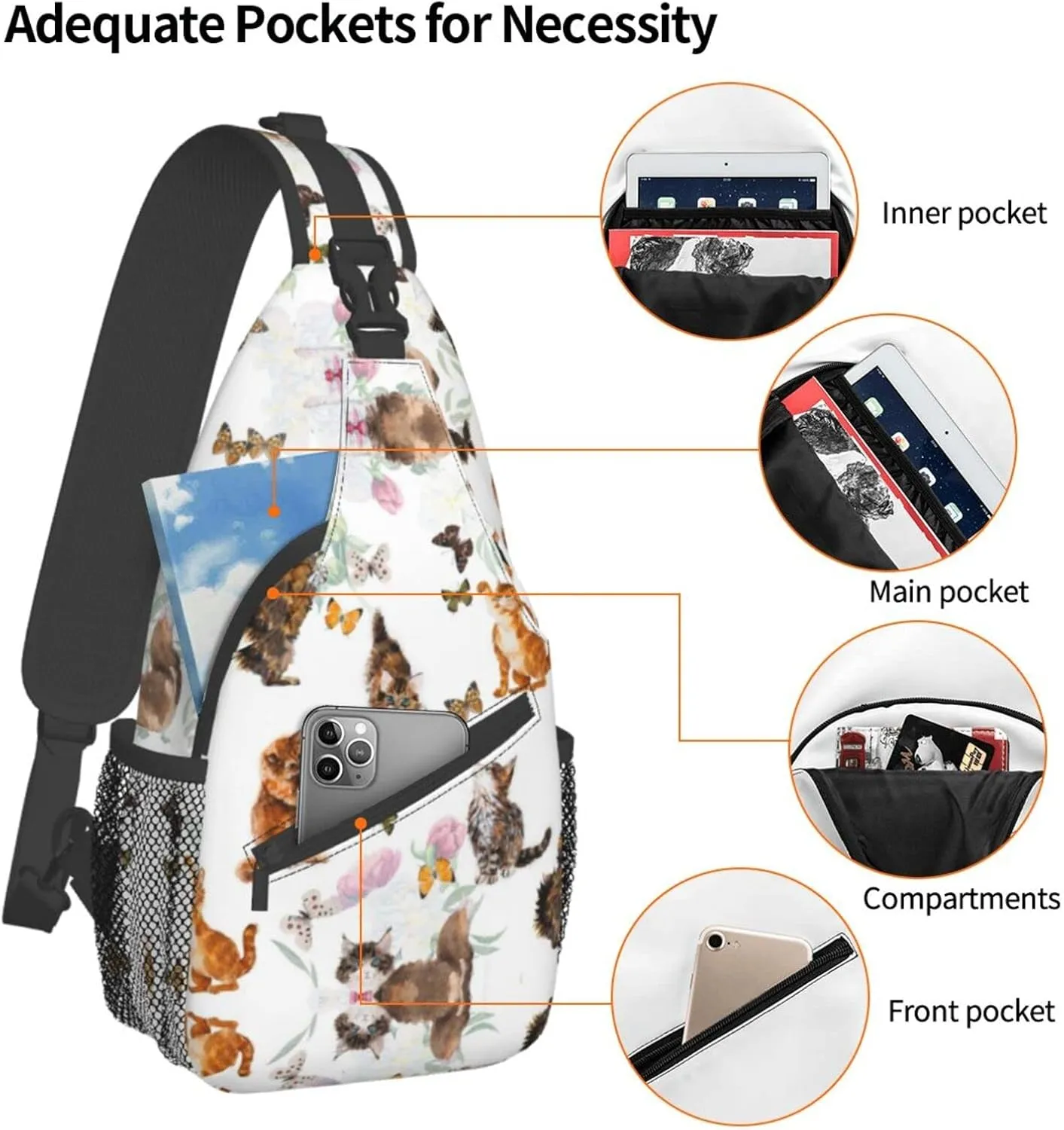 WURTON Cat Butterfly Print Trendy Casual Daypack Versatile Crossbody Backpack Shoulder Bag Fashionable Chest Bag