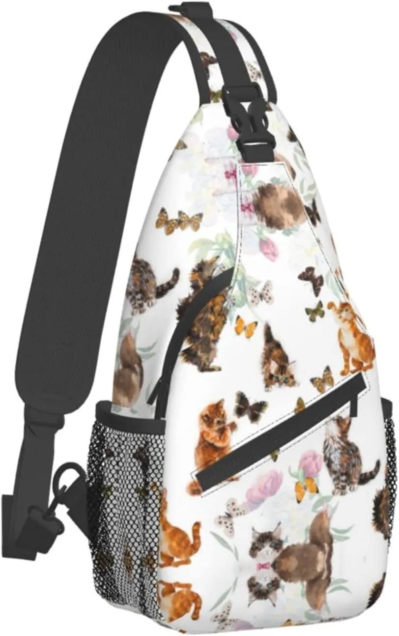 WURTON Cat Butterfly Print Trendy Casual Daypack Versatile Crossbody Backpack Shoulder Bag Fashionable Chest Bag