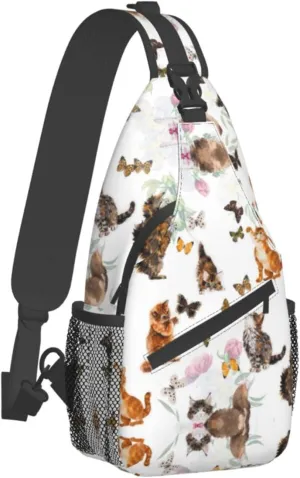 WURTON Cat Butterfly Print Trendy Casual Daypack Versatile Crossbody Backpack Shoulder Bag Fashionable Chest Bag