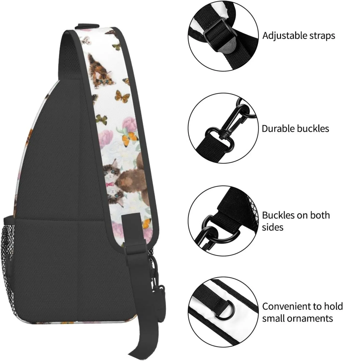 WURTON Cat Butterfly Print Trendy Casual Daypack Versatile Crossbody Backpack Shoulder Bag Fashionable Chest Bag