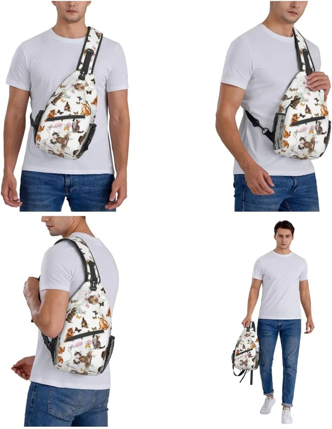 WURTON Cat Butterfly Print Trendy Casual Daypack Versatile Crossbody Backpack Shoulder Bag Fashionable Chest Bag