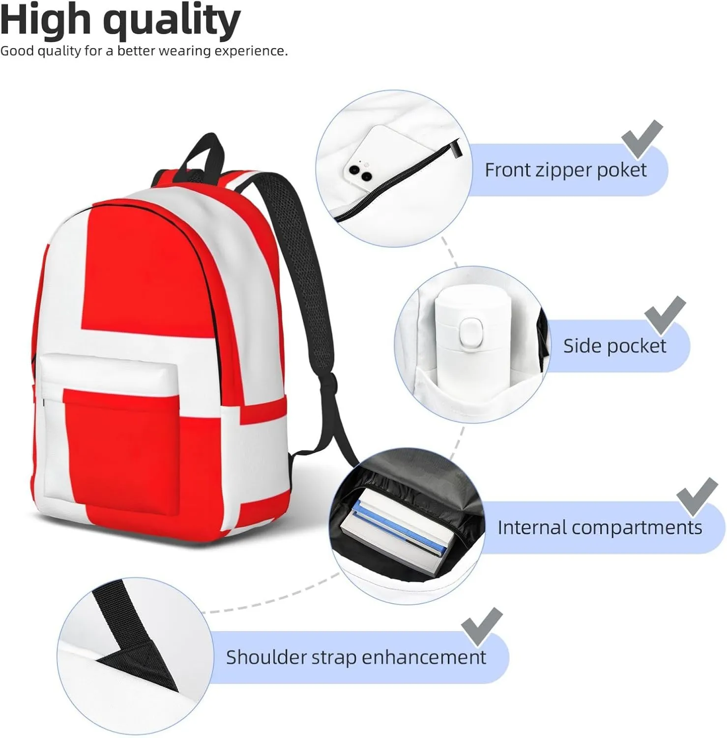 WURTON Denmark Danish Flag Print Large Backpack Casual Laptop Backpack Computer Bag Travel Daypack For Women Men
