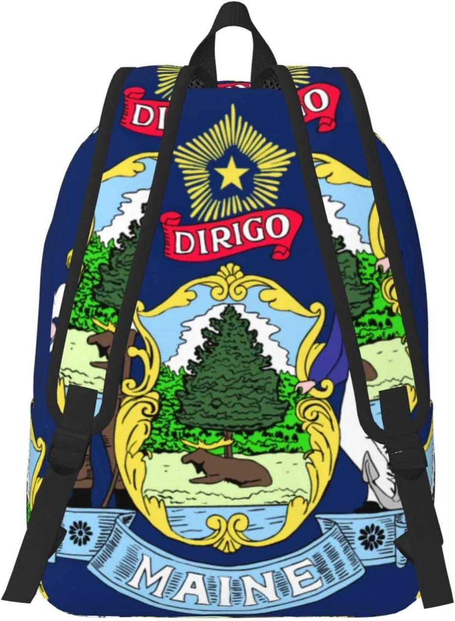 WURTON Maine State Flag Print Large Backpack Casual Laptop Backpack Computer Bag Travel Daypack For Women Men