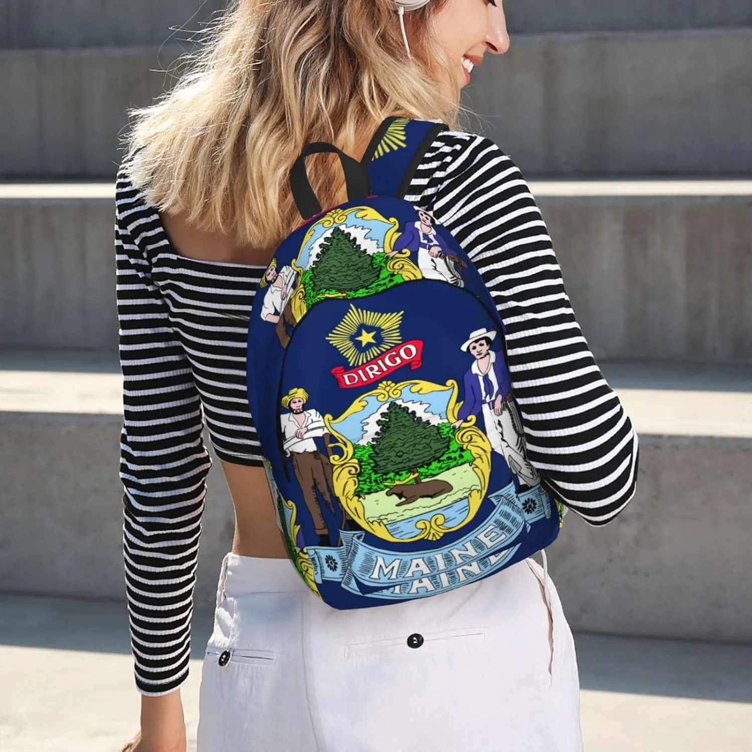 WURTON Maine State Flag Print Large Backpack Casual Laptop Backpack Computer Bag Travel Daypack For Women Men