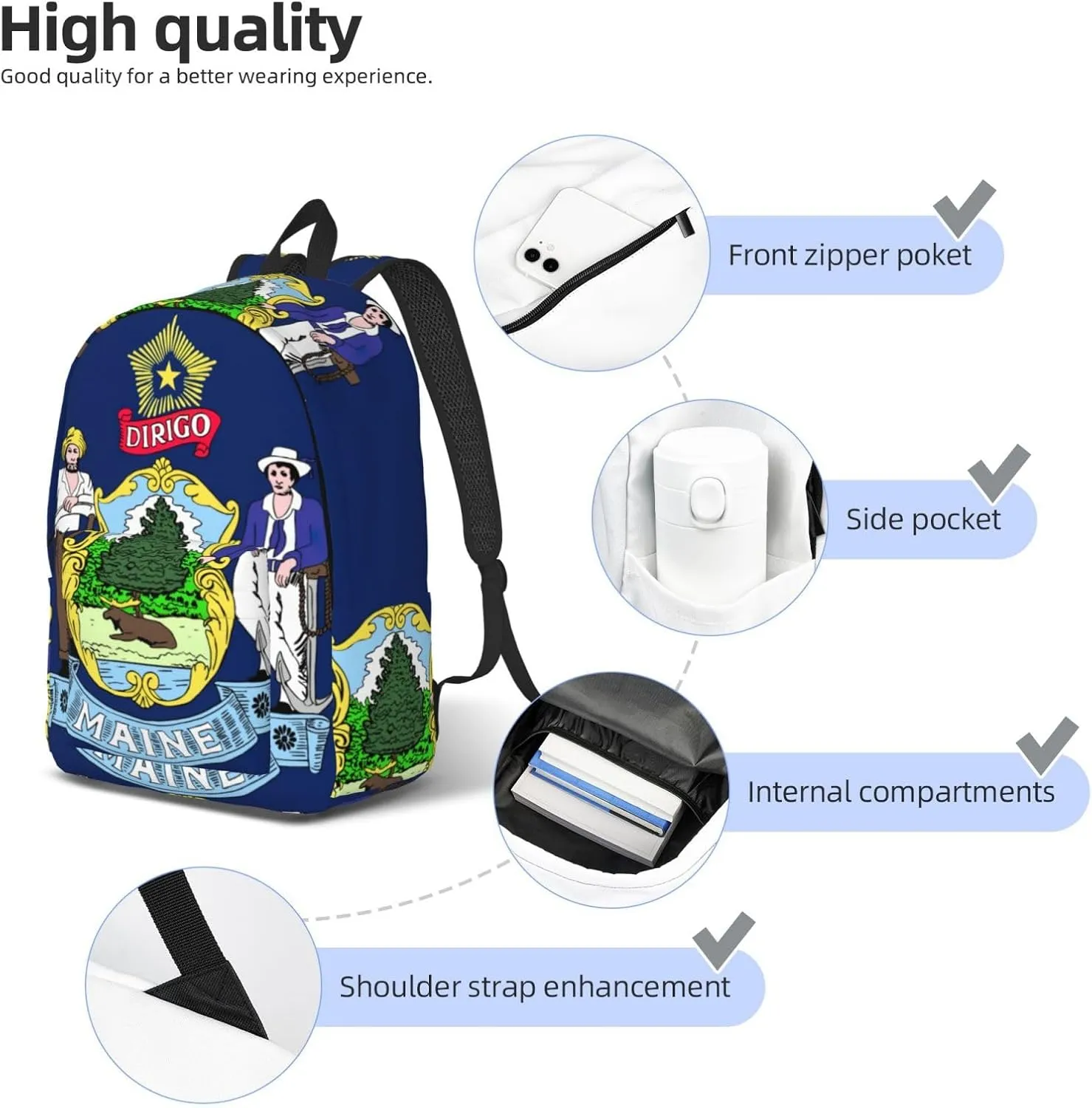 WURTON Maine State Flag Print Large Backpack Casual Laptop Backpack Computer Bag Travel Daypack For Women Men