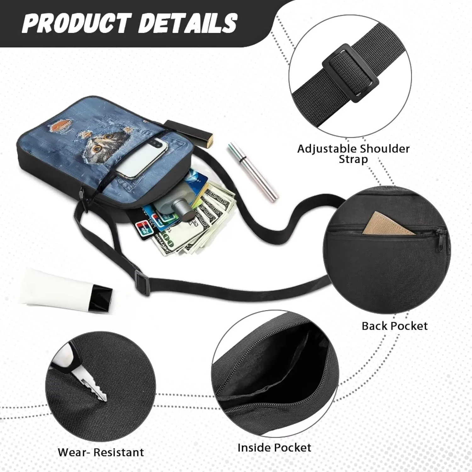 Xoenoiee Small Crossbody Bag, Messenger Bag for Women Men Mini Messenger Bag With Multi-Pockets Sling Bags, Animals Theme