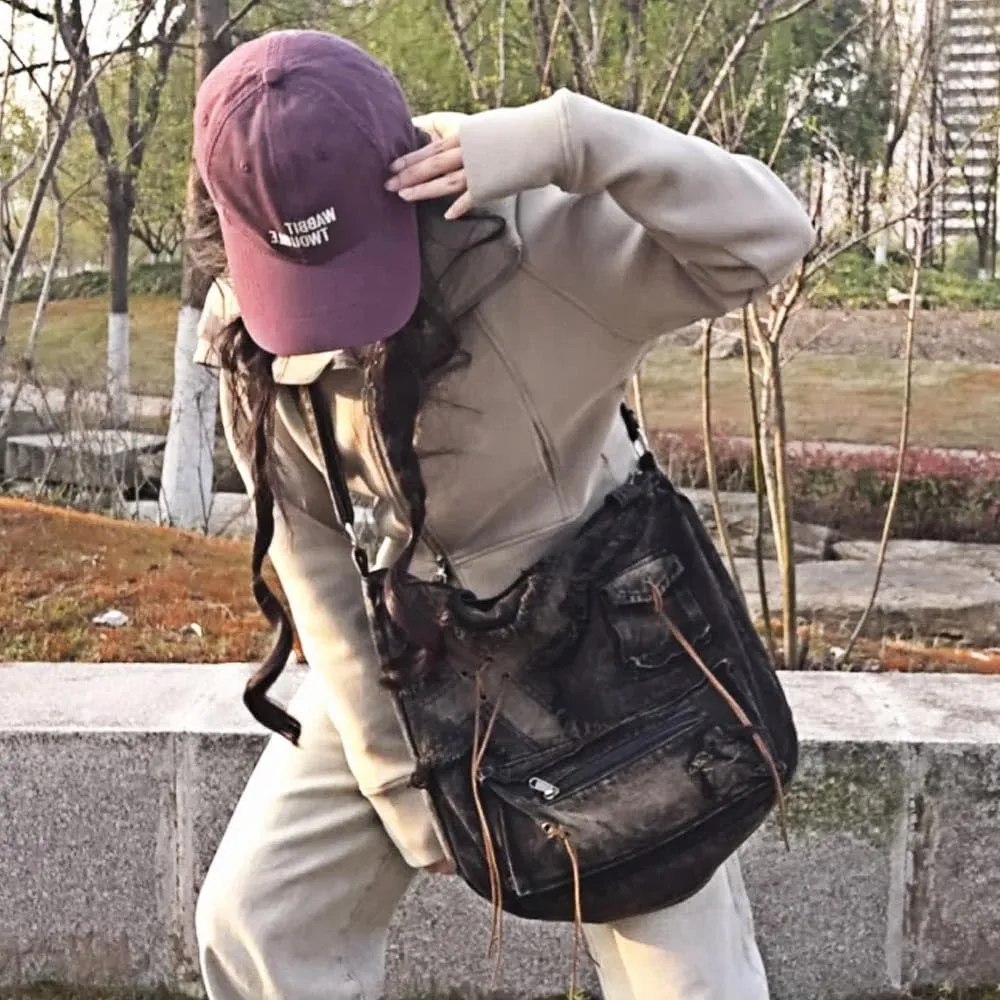 Y2K large capacity tote bag, spicy girl bag, retro shoulder bag, washed denim bag, casual women's bag