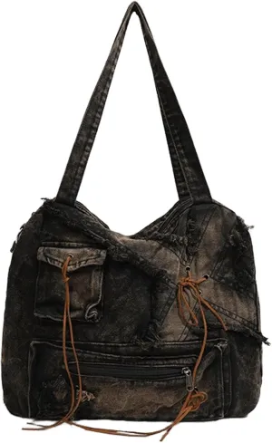Y2K large capacity tote bag, spicy girl bag, retro shoulder bag, washed denim bag, casual women's bag