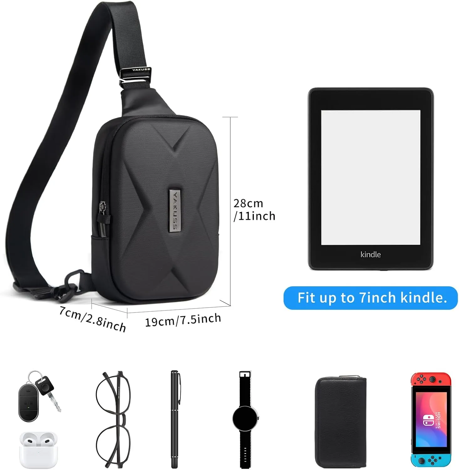 YaKuss Hard Shell Sling Bag, Anti-theft Crossbody Bag for Women Men Lightweight Shoulder Chest Bag Casual Backpack for Travel Daily, Black