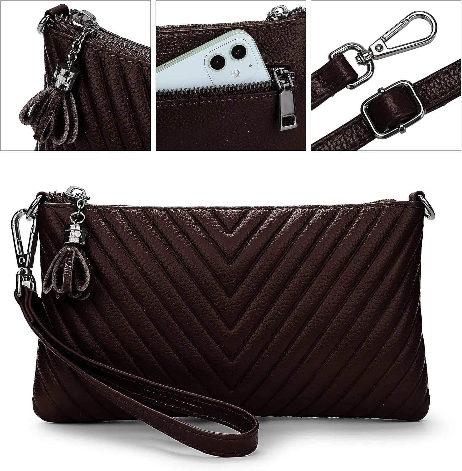 YALUXE Womens Wristlet Real Leather Chevron Tassel Large V Clutch Wallet with Shoulder Strap